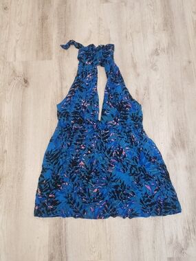 Olivaceous Blue Floral Halter Dress with Pink Accents